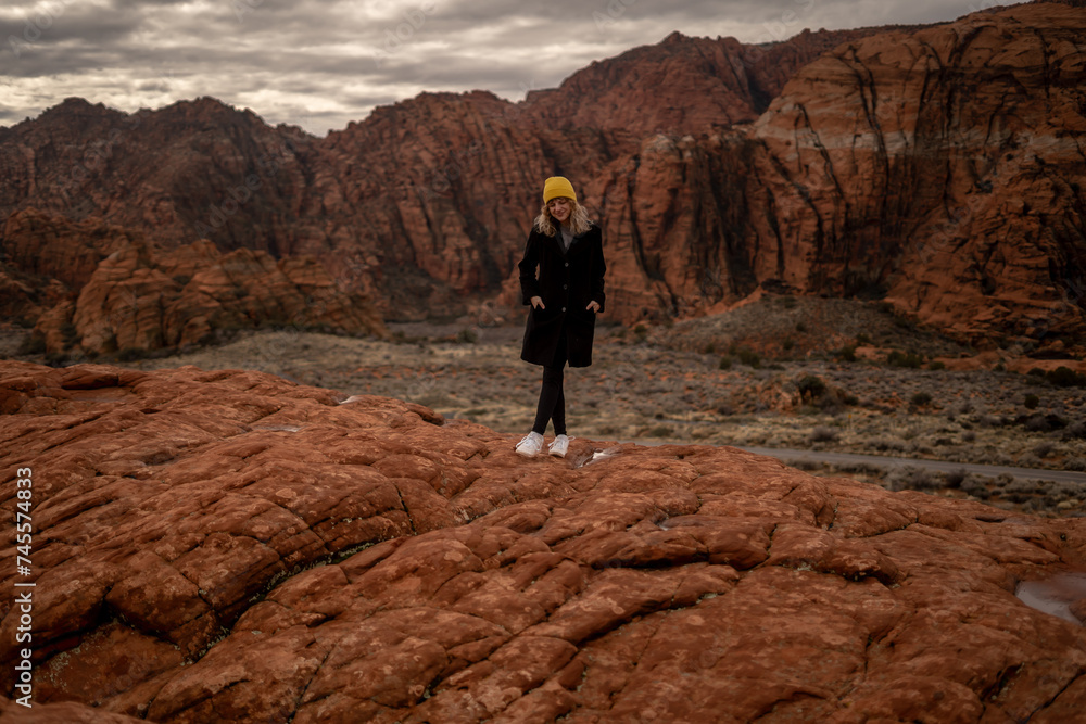 Gorgeous Landscape Snow Canyon State Park Girl in Black Coat