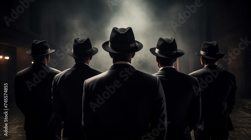 Old fashioned detective or mafia in hat on dark background, black and white color