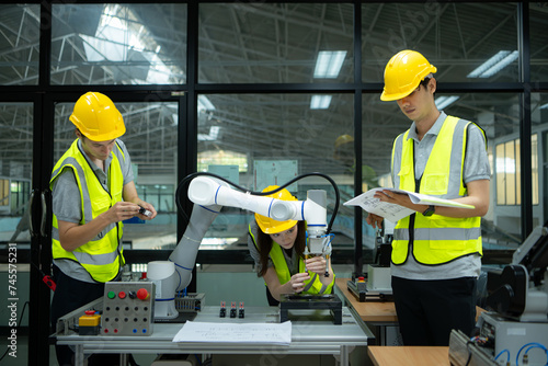 Group of engineers and technicians learning the technology to control hand robots for industrial usage. © Wosunan