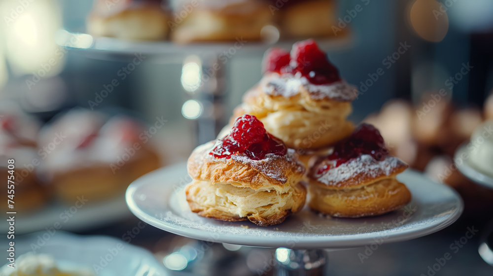 Freshly baked pastries topped with red berries. Freshly baked pastries topped with red berries.