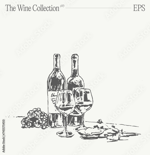 Bottles of wine, glasses and grapes on a table. Hand drawn vector illustration, sketch.