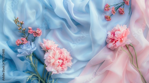 Delicate carnations on pink and blue flowing silk. Soft focus macro photography.