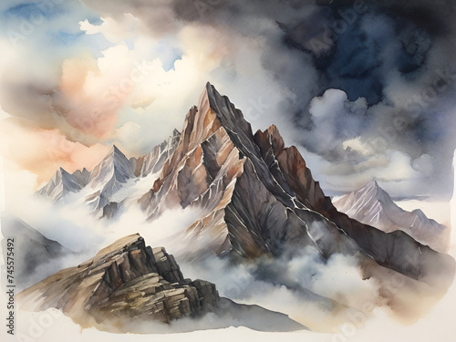 Beautiful scenery moutain with the clouds,dark tone backfround watercolor