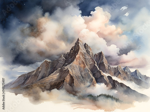 Beautiful scenery moutain with the clouds,dark tone backfround watercolor photo