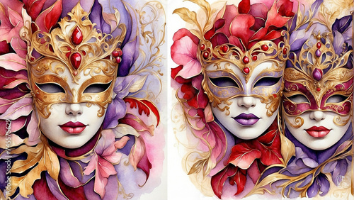 Beautiful Venetian carnival masks with ornaments. Elegant detailed art