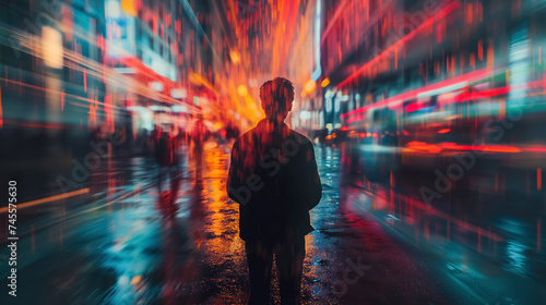 Blurred figure in a vibrant  fast-paced city.