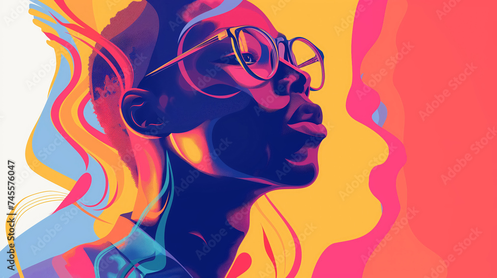 Person profile with abstract colorful waves overlay. Person profile with abstract colorful waves overlay.