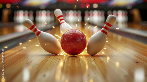 A stunning bowling ball, aglow with sparks, strikes the pins with precision and force, creating a mesmerizing display of skill and excitement on the lanes. photo