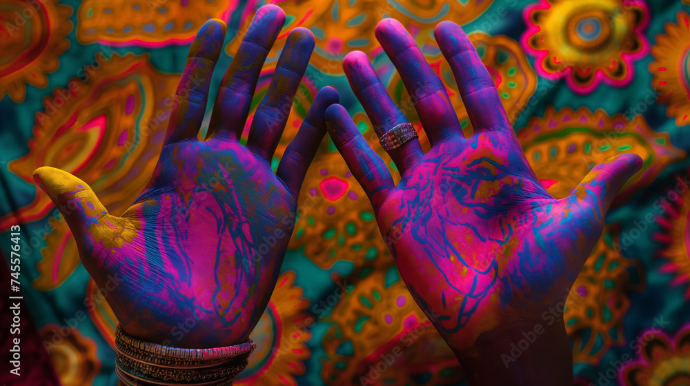 Painted hands with psychedelic patterns.
