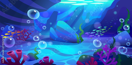 Seabed with corals and weeds, stones and bubbles. Deep underwater sea, ocean or aquarium sand bottom with marine plants and fishes. Cartoon nautical floor landscape with tropical aquatic creatures.