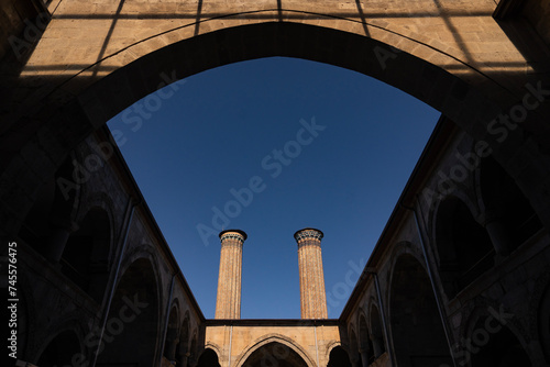 Erzurum İconic Building 'The Double Minaret Madrasa' (Çifte Minareli Medrese) in the Winter Season Drone Photo, Yakutiye Erzurum, Turkiye (Turkey) photo