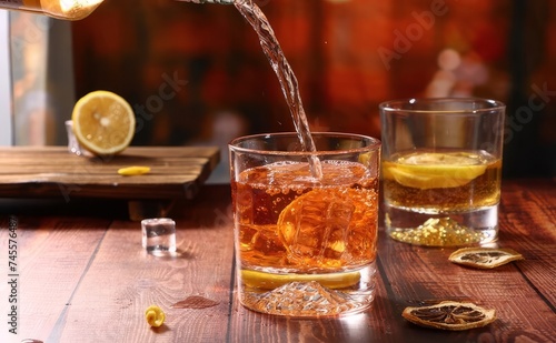Pouring Disaronno into cocktail glass on wooden table photo