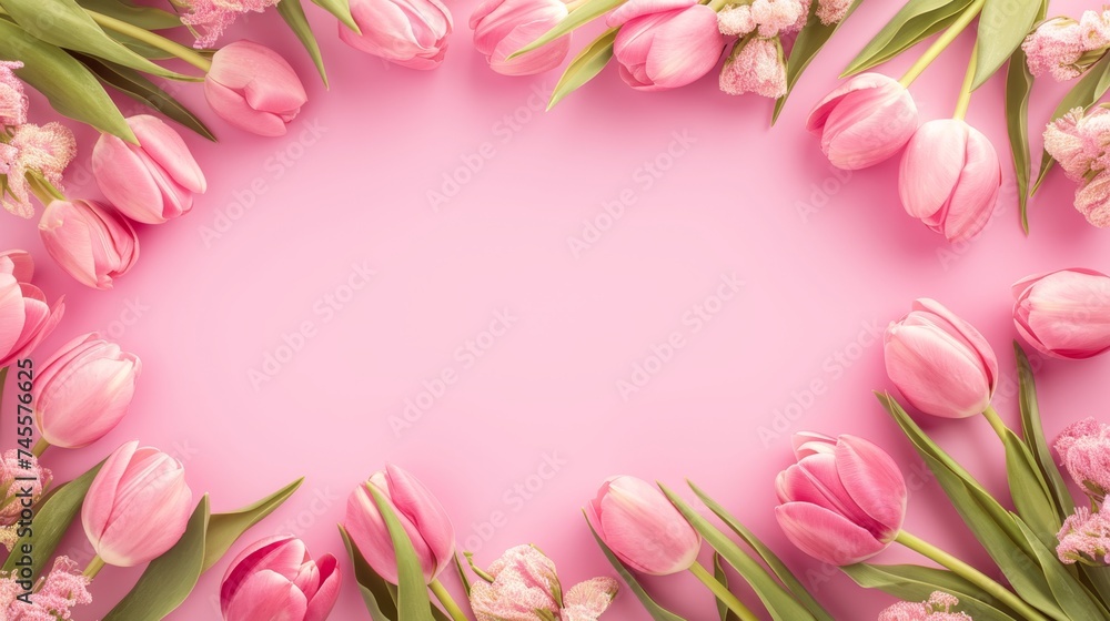 Pink tulips arranged in circle on background