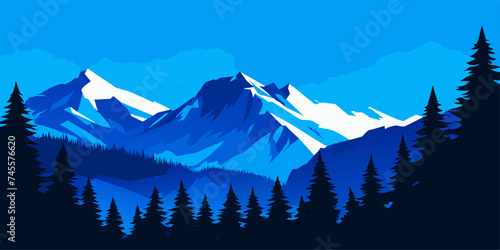 Blue montain with clear sky background and fine tree decorated. Ai generative vector