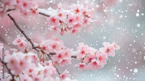 Cherry blossom branch with pink flowers against snowy background
