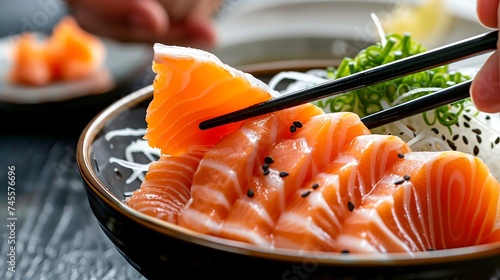 The hands were holding the chopsticks to hold the salmon sashimi
