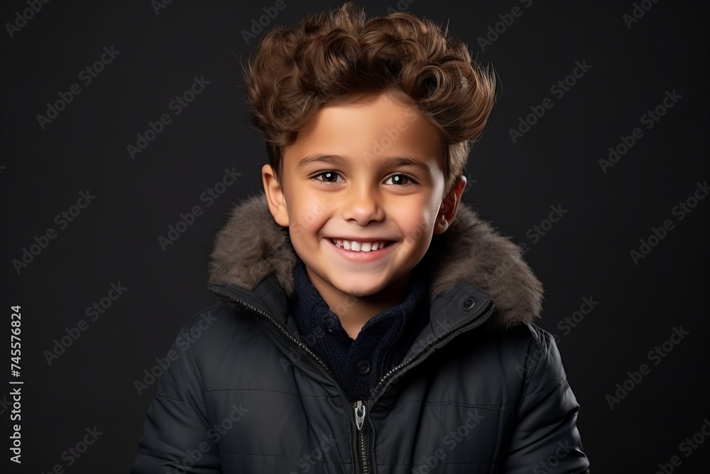 Portrait of a smiling boy in winter jacket, isolated on black background Portrait of a smiling boy in winter jacket, isolated on black background
