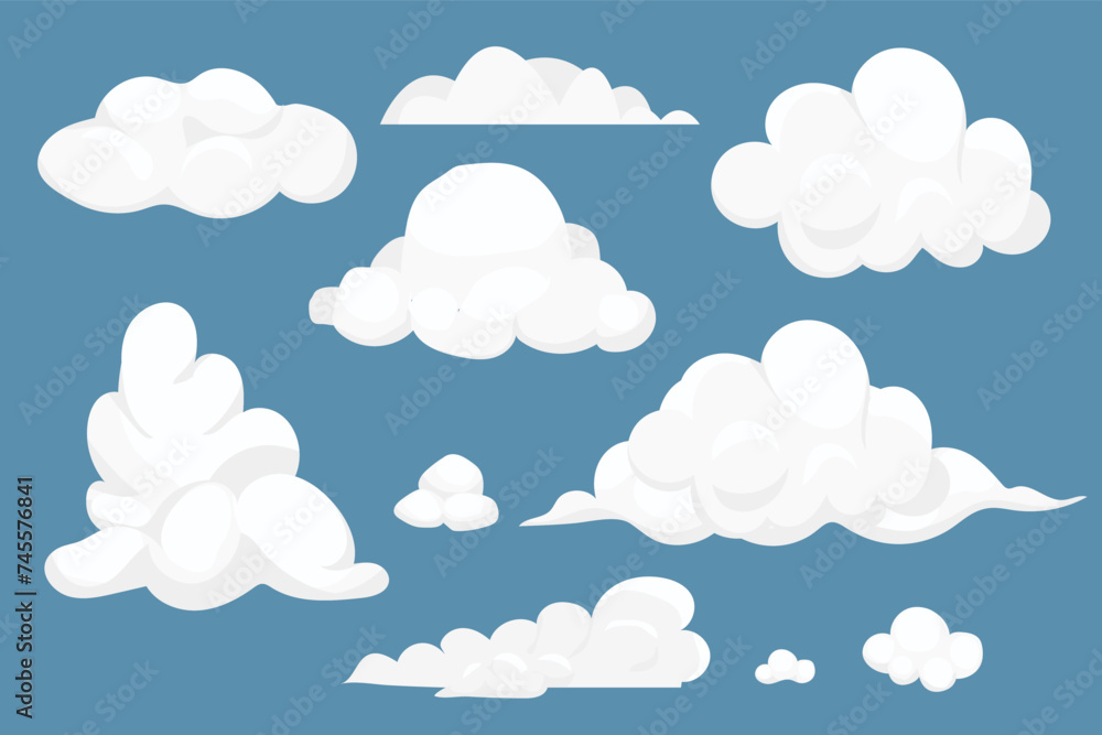 Collection clouds weather simple cute design isolated on blue background. Set soft object, design element.