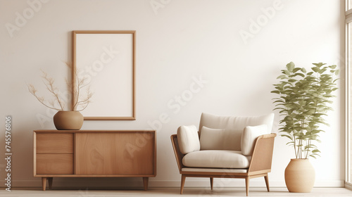 Modern composition of living room interior with brown mock up poster frame, design retro commode, sofa, bookstand, rattan basket with plant and elegant accessories. Template. Stylish home staging © Sajjad