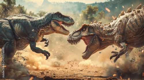 Two dinosaurs engaged in combat in the dirt