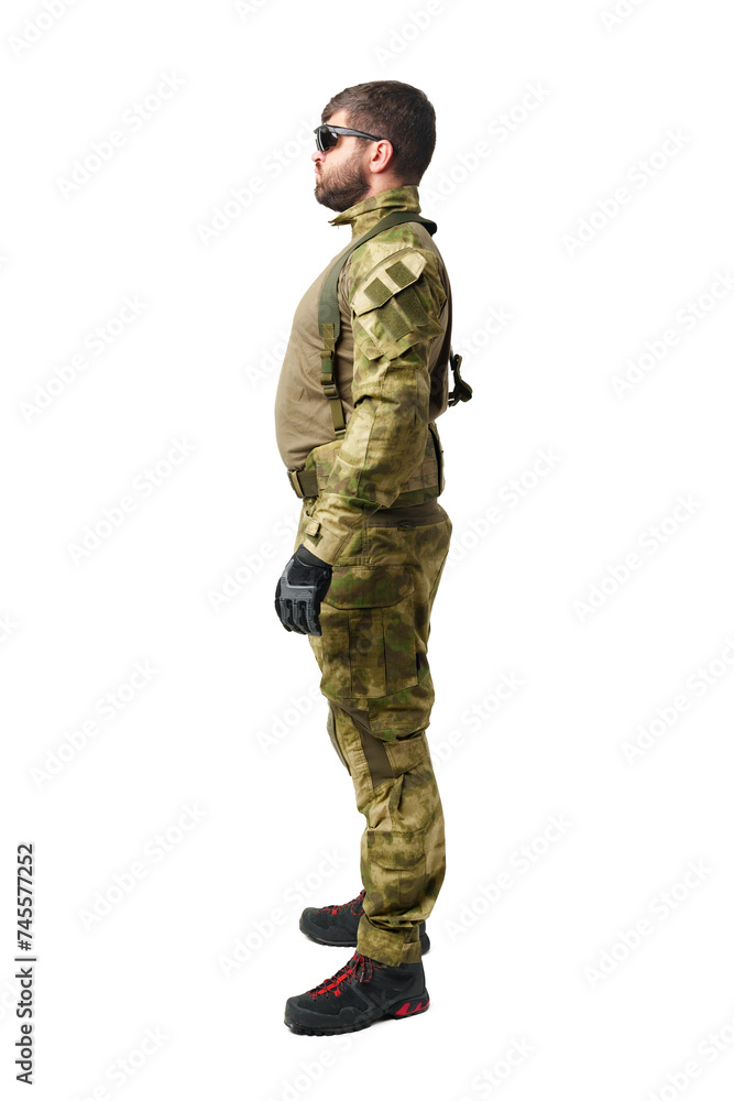 Full length portrait of man soldier wearing ammunition on white background Full length portrait of man soldier wearing ammunition on white background