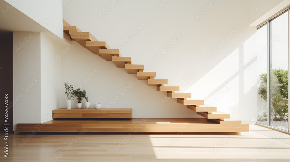 Wooden minimalistic stairs in pure big space Wooden minimalistic stairs in pure big space
