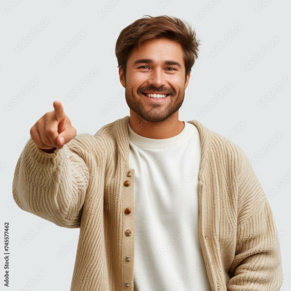 Smiling man pointing at camera with his hand. Generative AI. Smiling man pointing at camera with his hand. Generative AI.
