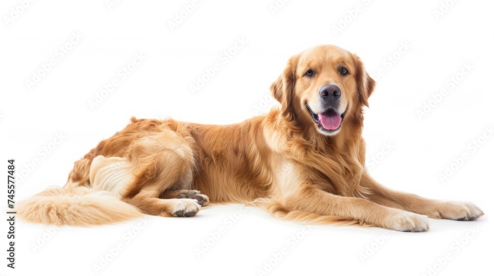 A golden retriever is sitting down on a white background. Generative AI. A golden retriever is sitting down on a white background. Generative AI.