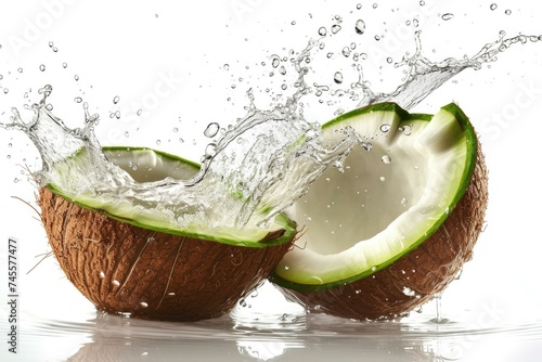 Coconut water splash with two halves. Generative AI.