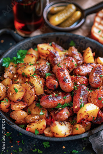Barbecue grilled potatoes and sausages served on a plate
