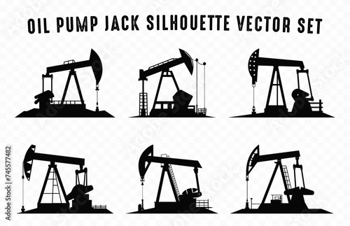 Oil pump jack Silhouette Vector art Set, Pump jack black Silhouette Clipart Bundle photo