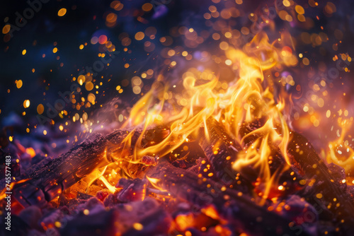A detailed and realistic close-up of a blazing bonfire in high quality. AI generative