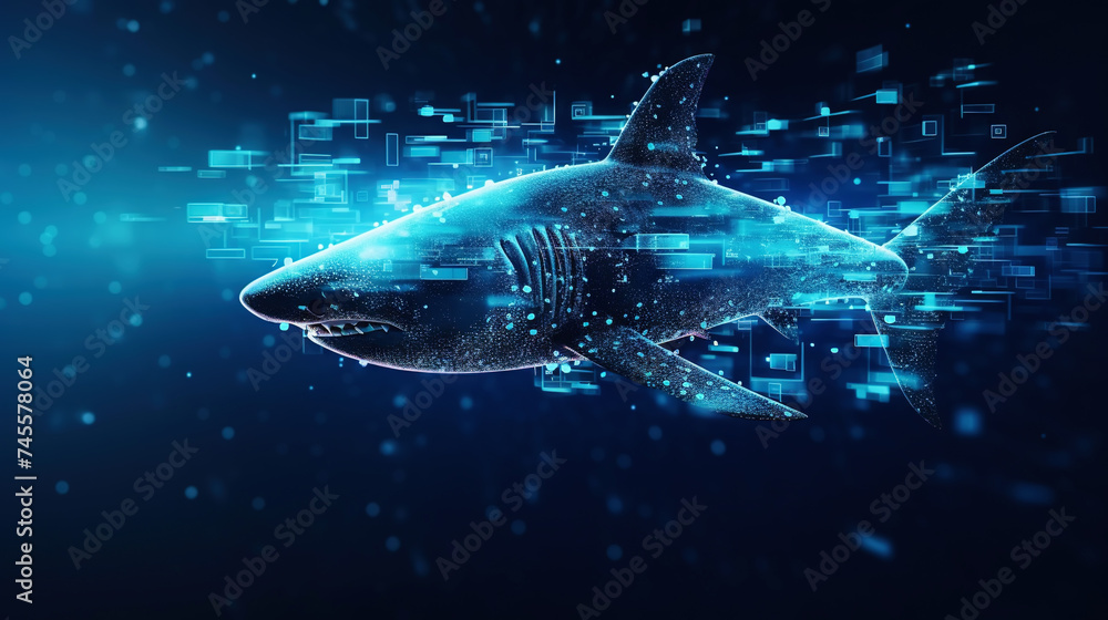 Fototapeta premium Big data visualization where a digital shark swims in the data stream. Futuristic background. Generative AI