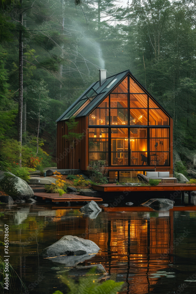 Obraz premium Glass transparent house by the lake in the middle of a quiet forest