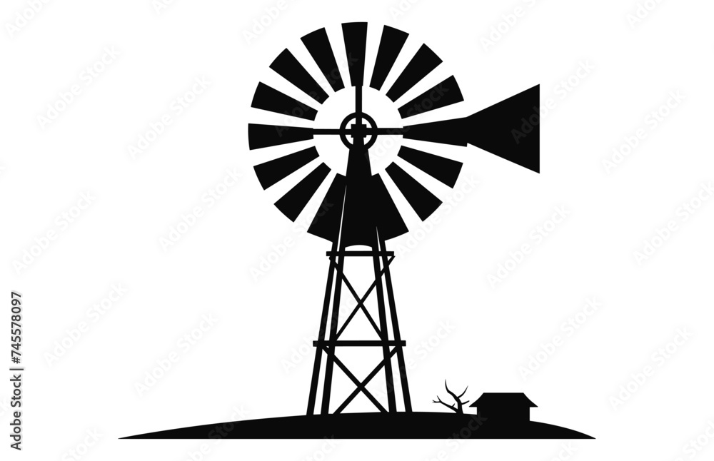 A Vintage Farm Windmill black Silhouette Vector isolated on a white background