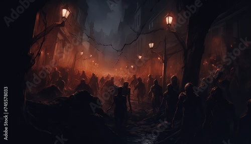 zombie crowd walking at night,halloween