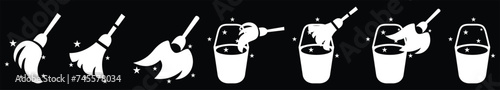 Floor mop icons. Mop And Bucket symbol. isolated on black background Cleaning service signs, vector illustration