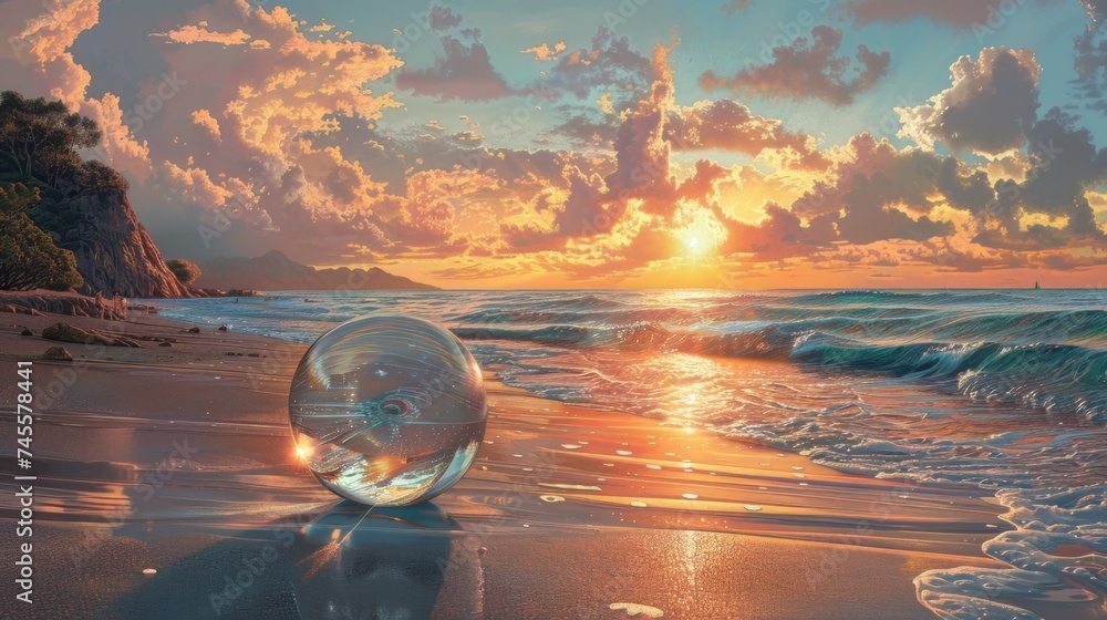 Glass Ball on Sandy Beach - obrazy, fototapety, plakaty 