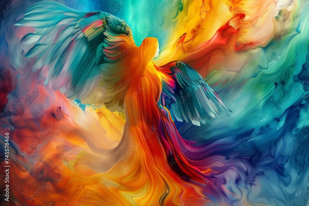 The ethereal serenity of an abstract angel emerging from vibrant hues