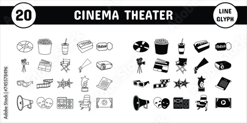 Cinema Theater Line Glyph Vector Illustration Icon Sticker Set Design Materials