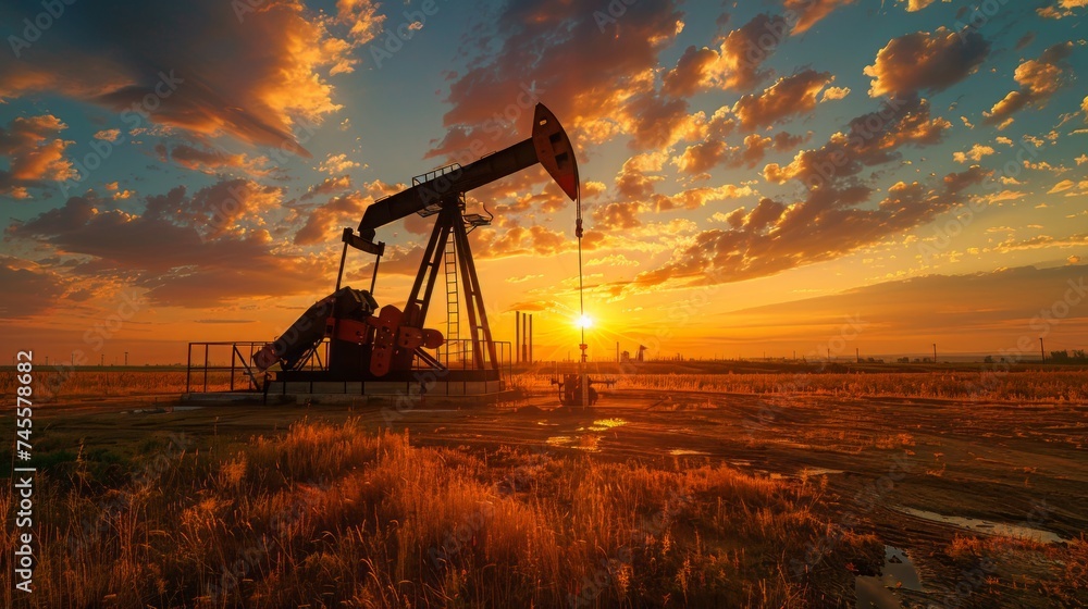 Oil Pump in Field at Sunset - obrazy, fototapety, plakaty 