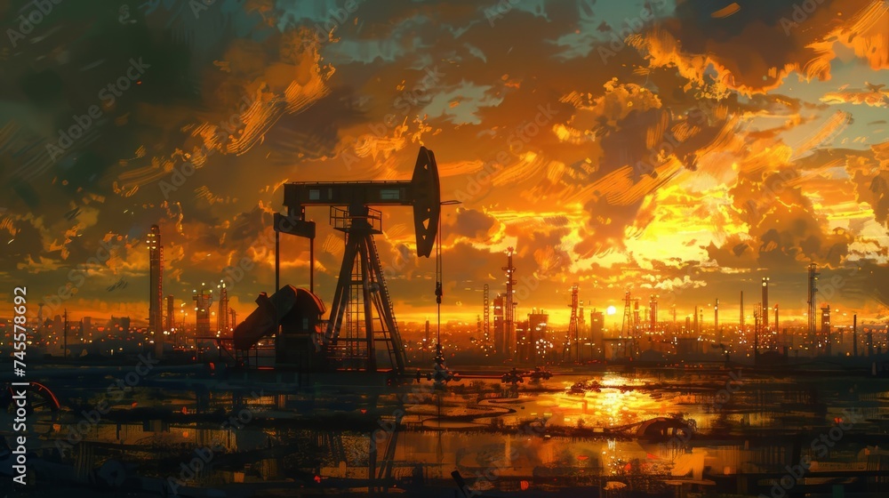 Industrial Sunset With Oil Pumps