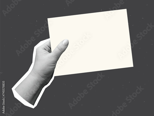 Black and white hand holds a blank paper sheet - element for collage. Vector illustration