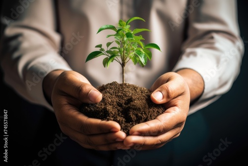 Young man holding a small tree in his hands. Ecology concept.