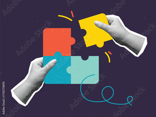 Black and white hands putting together puzzles - modern collage. Vector illustration