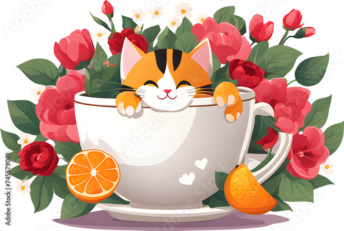 cat with a cup of flower