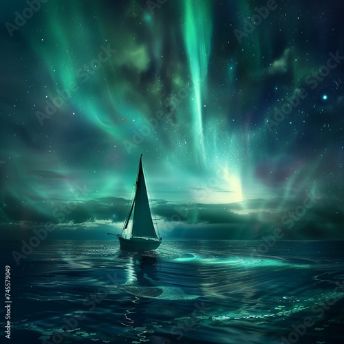 A lone sailboat amidst a luminescent sea under an aurora that paints the night with dreams where the seas embrace is a journey to the stars