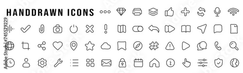 Basic user interface hand drawn line icon big set. Notification, user, share, heart, like, calendar etc. Editable stroke