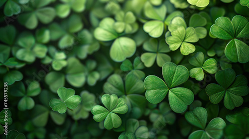 Transform your space for St. Patrick's Day with this themed backdrop featuring lush green shamrock leaves. AI generative.