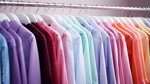 A row of button-up shirts hanging on a clothing rack, each in a different color